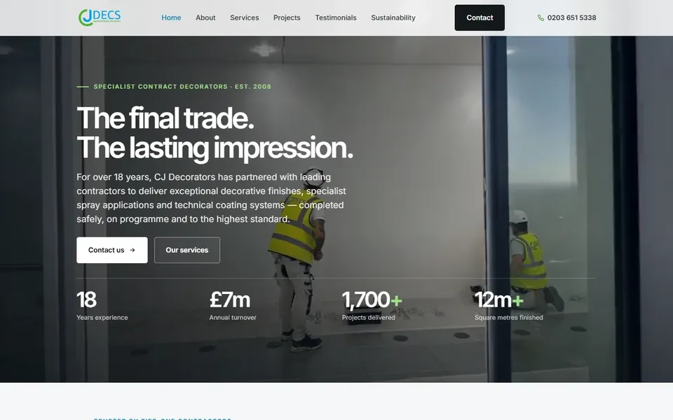 CJ Decorators website homepage.