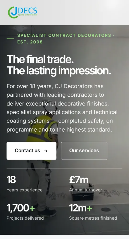 CJ Decorators website on a phone.